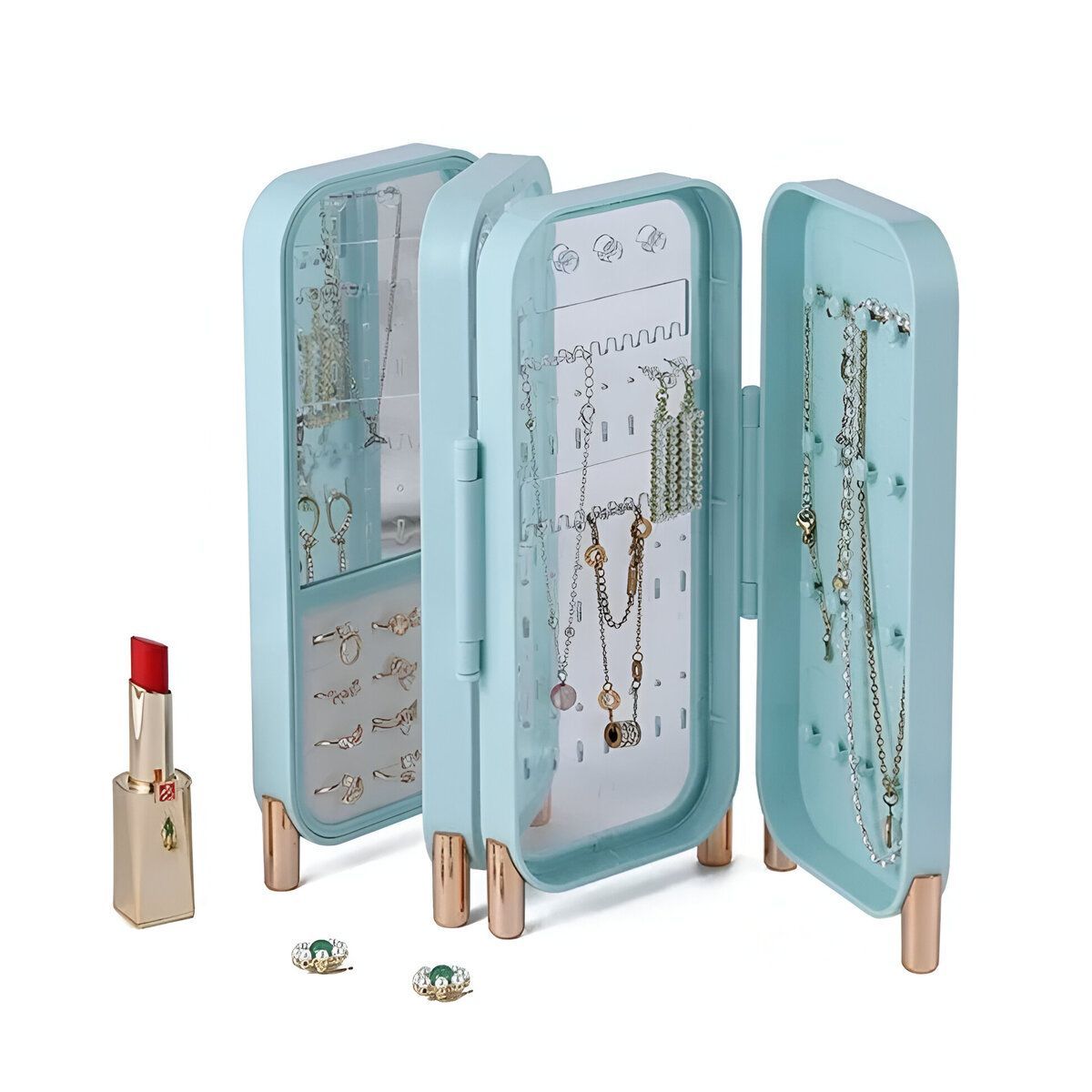 ELMEJORPRECIO - Joyero Organizador De 4 Capas Plegable Con Espejo Celeste