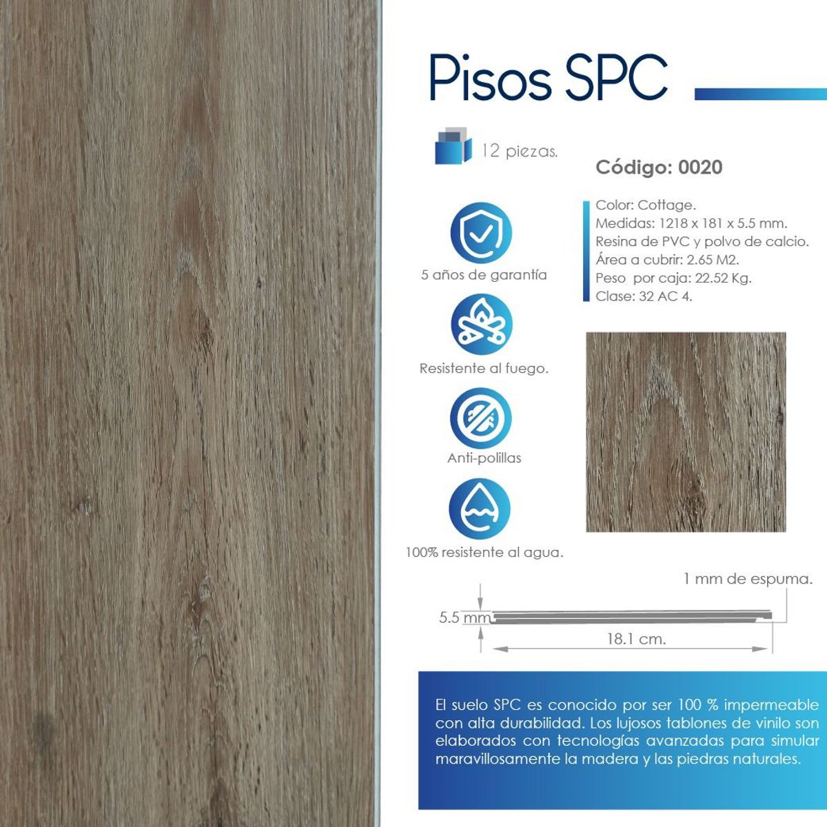 VIDAR - PISO SPC COTTAGE 5.5 MM - VENTA POR CAJA 2.65 M2