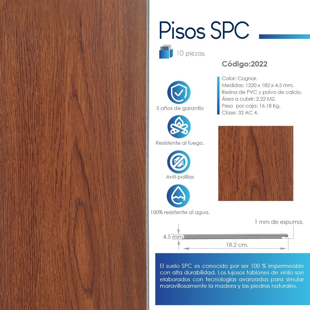 VIDAR - PISO SPC COGNAC 4.5 MM - VENTA POR CAJA 2.22 M2