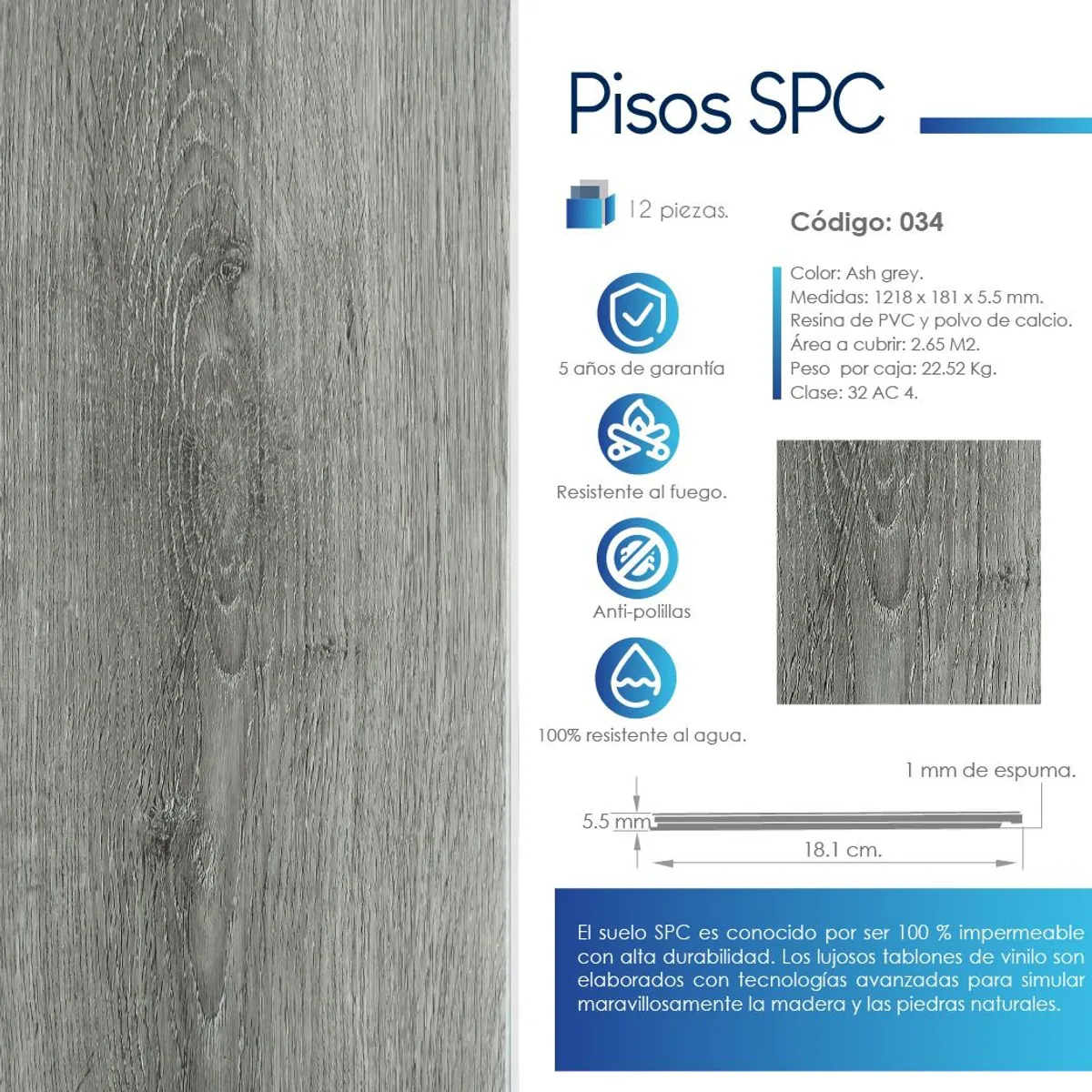 VIDAR - PISO SPC ASH GRAY 5.5 MM - VENTA POR CAJA 2.65 M2