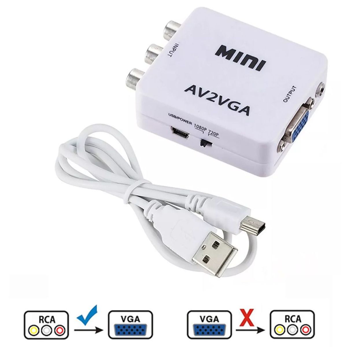 GENERICO - Convertidor Adaptador Av RCA a VGA  AV2VGA 1080p BLANCO salida 3.5mm
