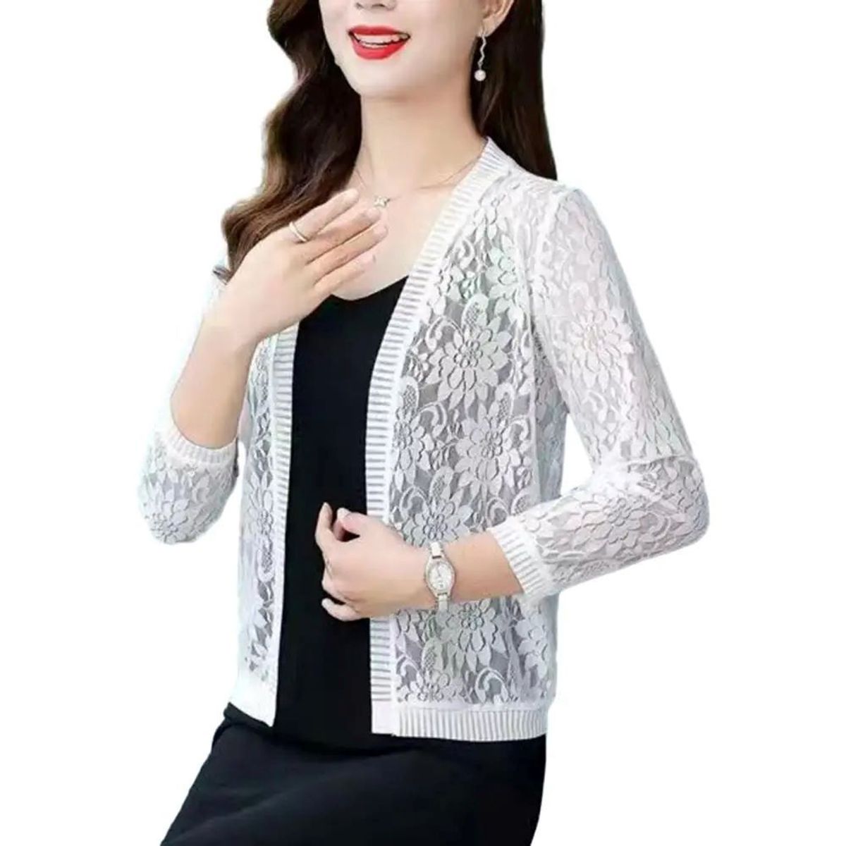 KAST PE - Zala - Cardigan mujer con encaje floral corto - Talla ML