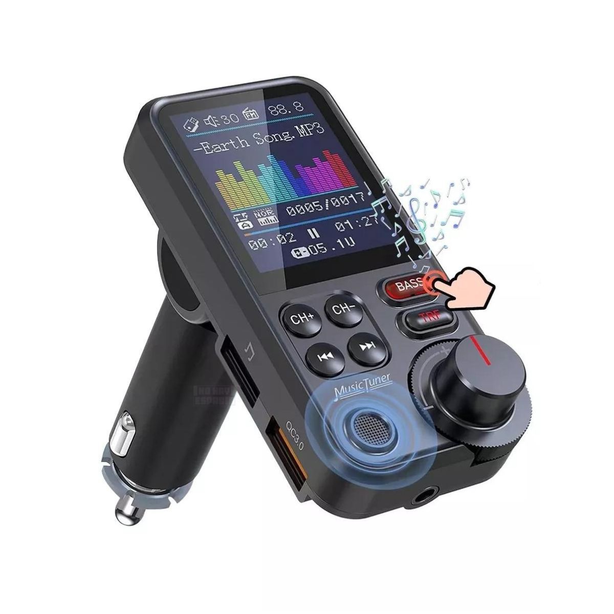 GFM - Transmisor Fm Bluetooth Led Aux Voz Hifi Mp3 Asistente Qc30