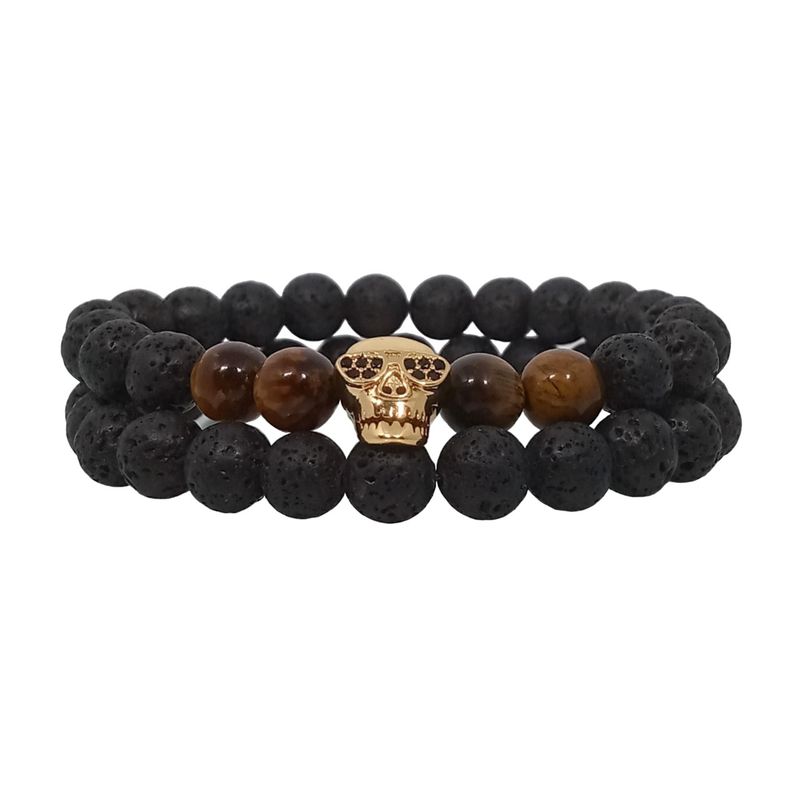 LUCYANA JOYAS Y ACCESORIOS - Juego de Pulseras para Hombre Calavera Piedra Volcánica y Ojo Tigre