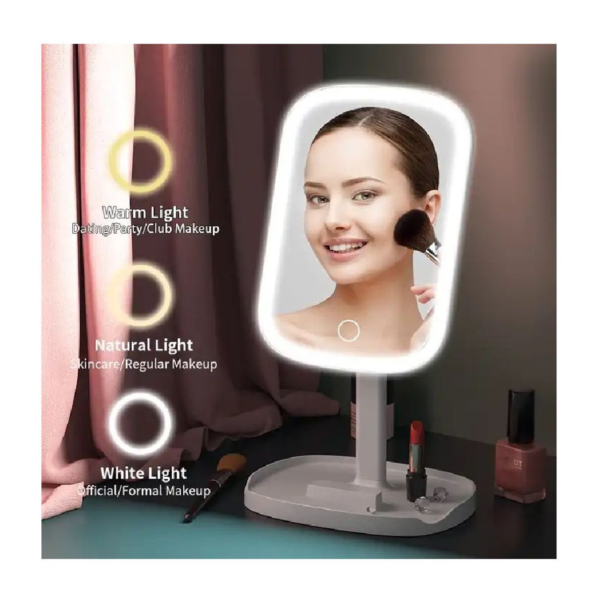 GENERICO - Espejo de Maquillaje con Luz Led de 3 Tonalidades - Color Rosado