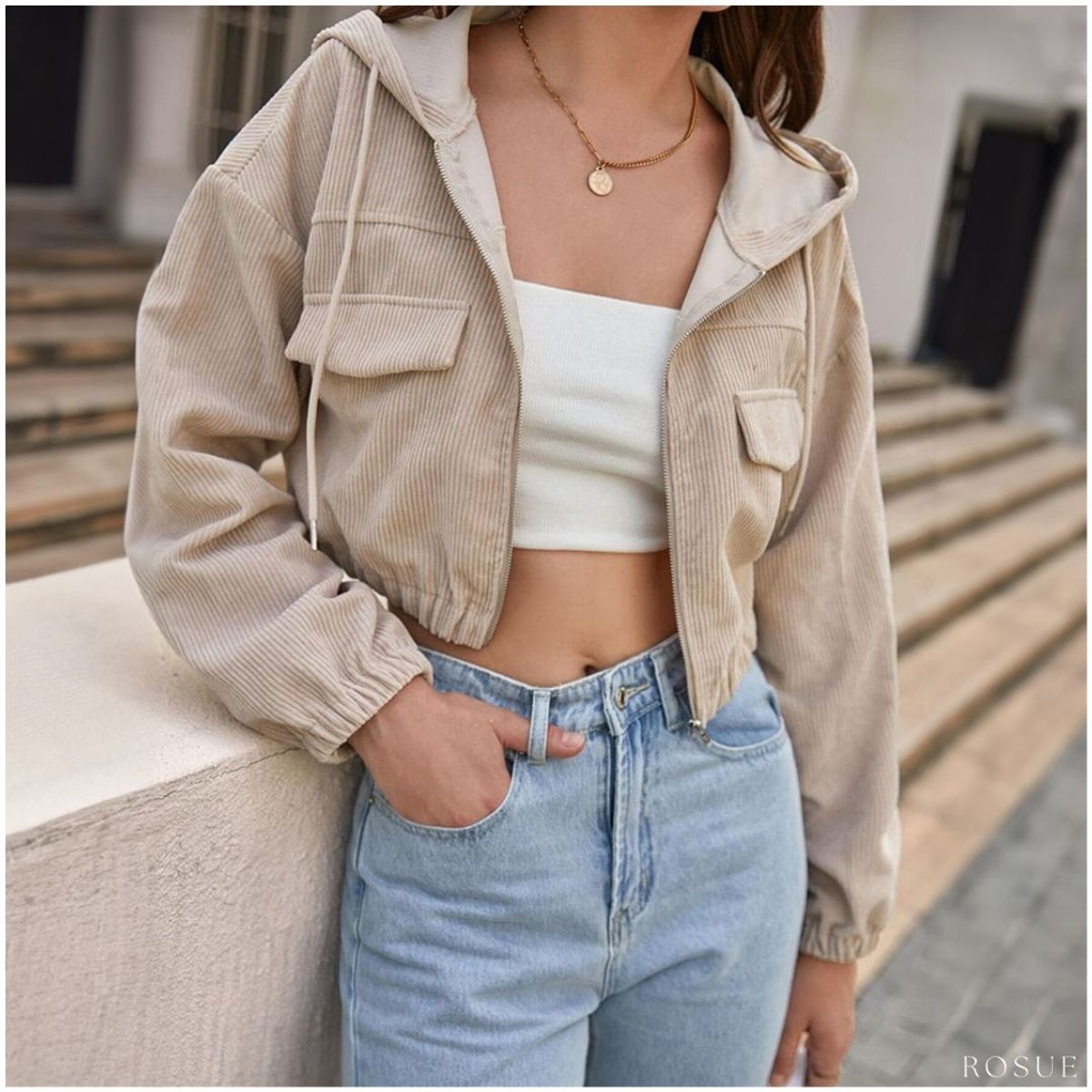 ROSUE - Casaca de mujer corduroy estilo crop