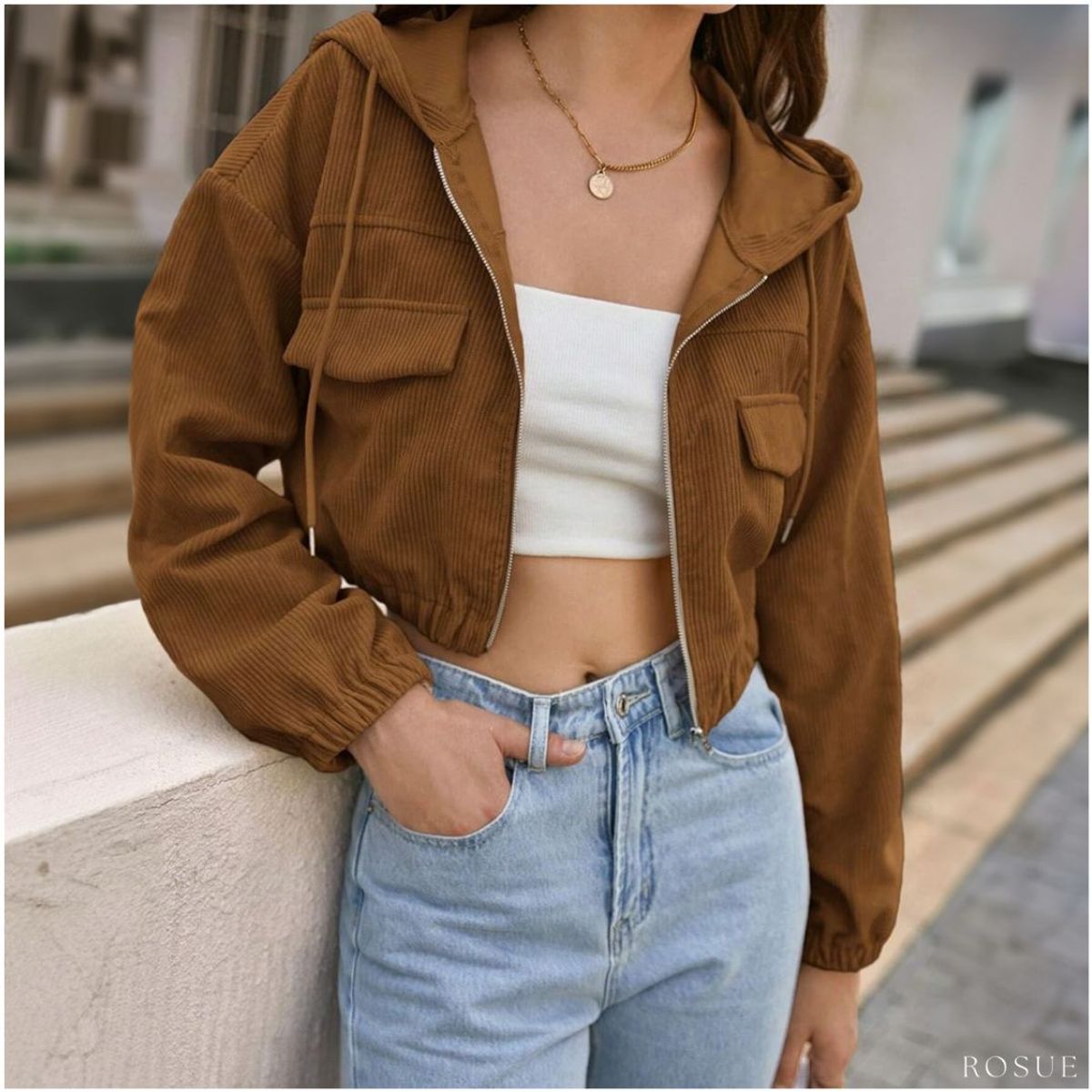 ROSUE - Casaca de mujer corduroy estilo crop