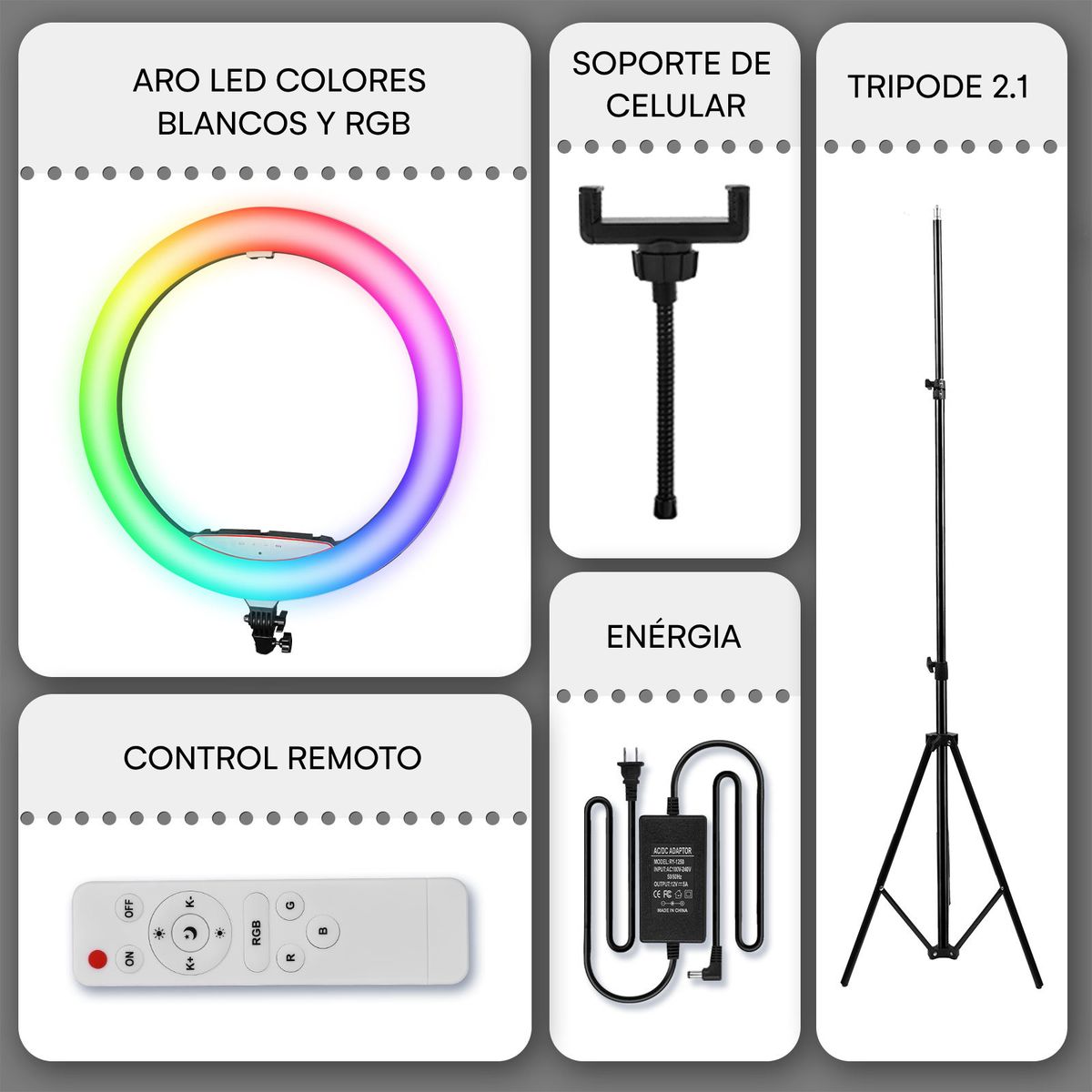 KREED - Aro LED 45CM Blanco RGB + Trípode y Control Remoto para estudio