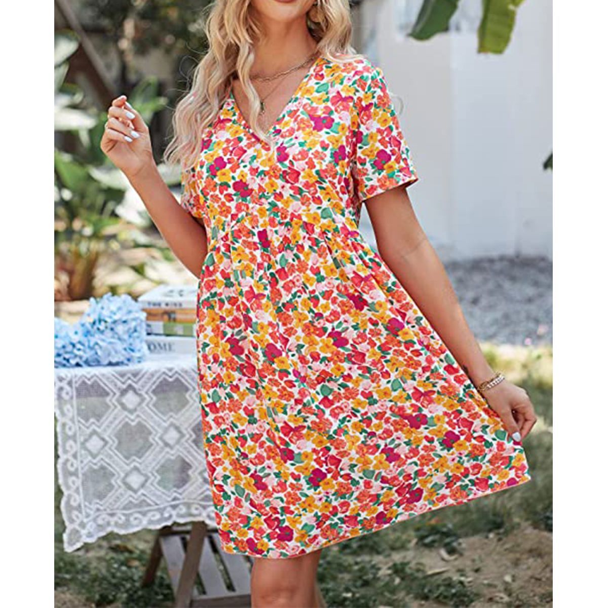 ZIMRAHYG - Moda mujer vestido floral de manga corta y cuello V para mujer