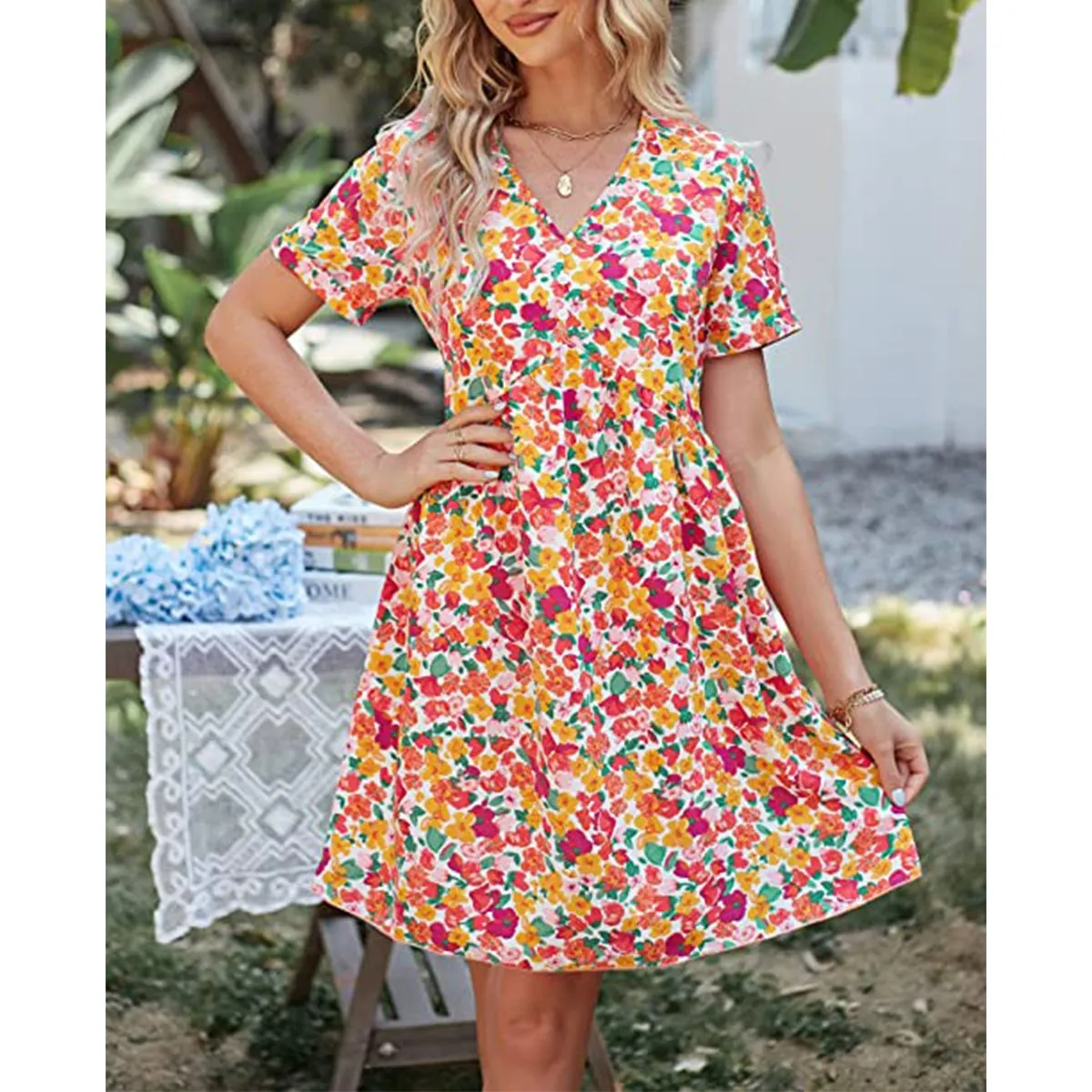 ZIMRAHYG - Moda mujer vestido floral de manga corta y cuello V para mujer
