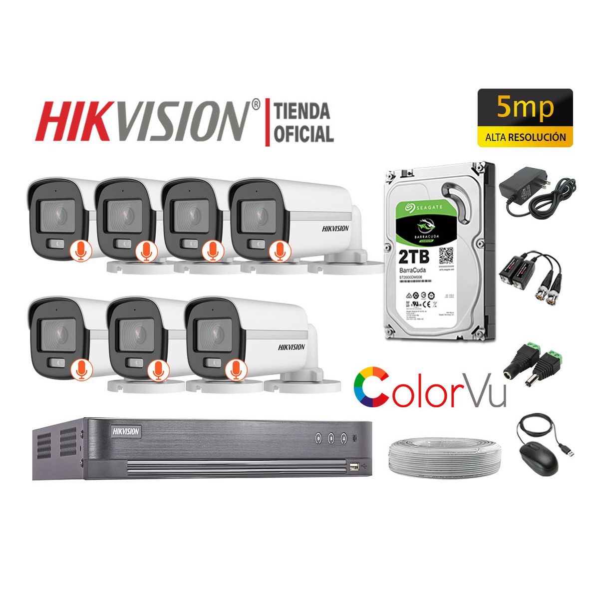 Hikvision - CÁMARAS SEGURIDAD EXTERIOR KIT 7 5MP COLORVU DISCO 2TB