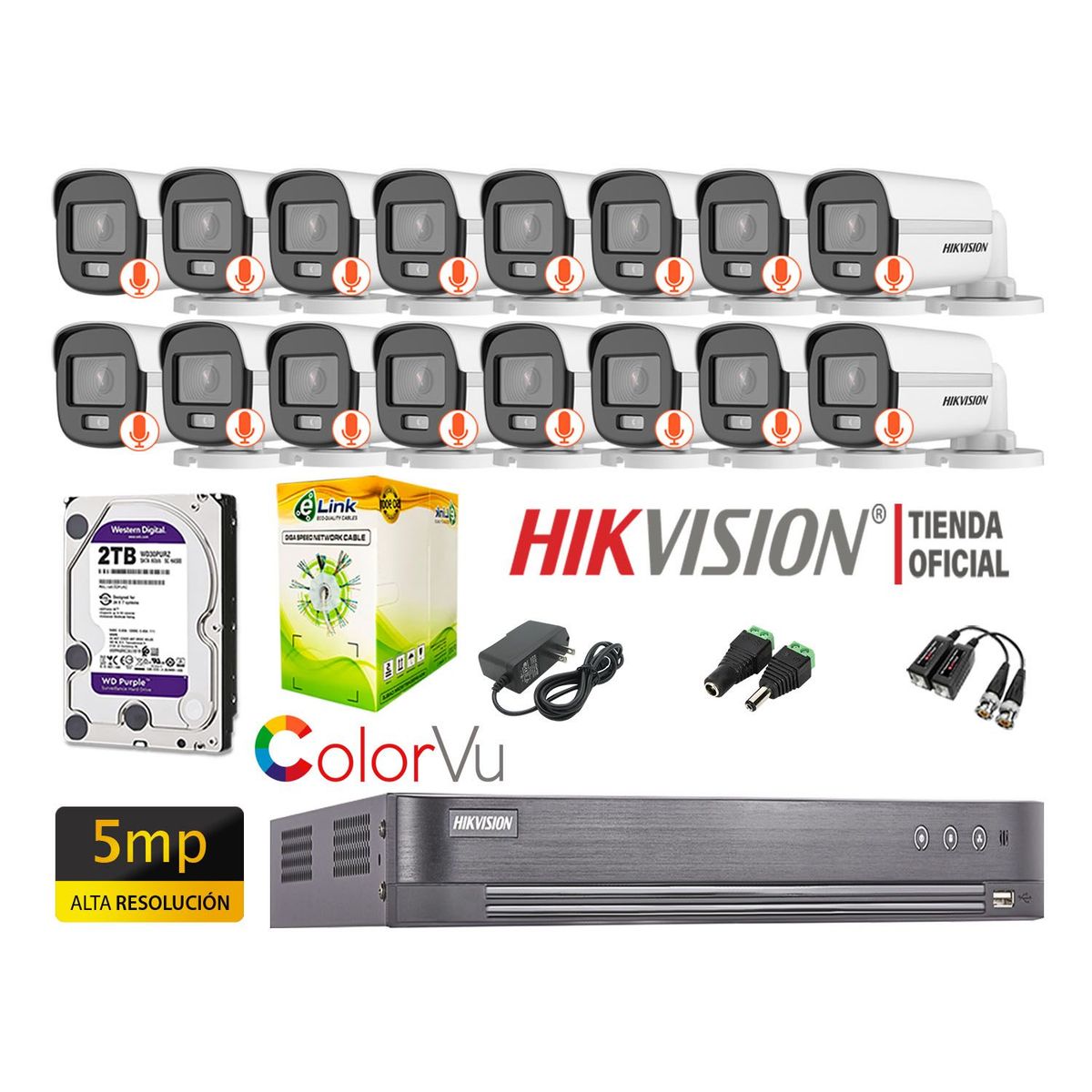 HIKVISION - CÁMARAS SEGURIDAD EXTERIOR KIT 16 5MP COLORVU DISCO 2TB
