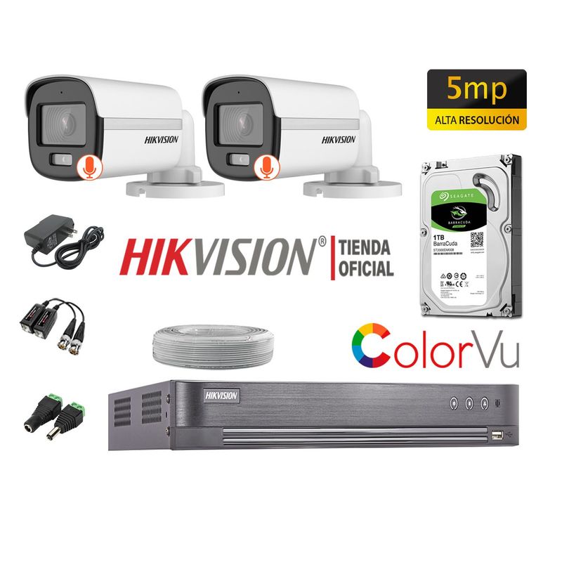 HIKVISION - CÁMARAS SEGURIDAD EXTERIOR KIT 2 5MP COLORVU DISCO 1TB