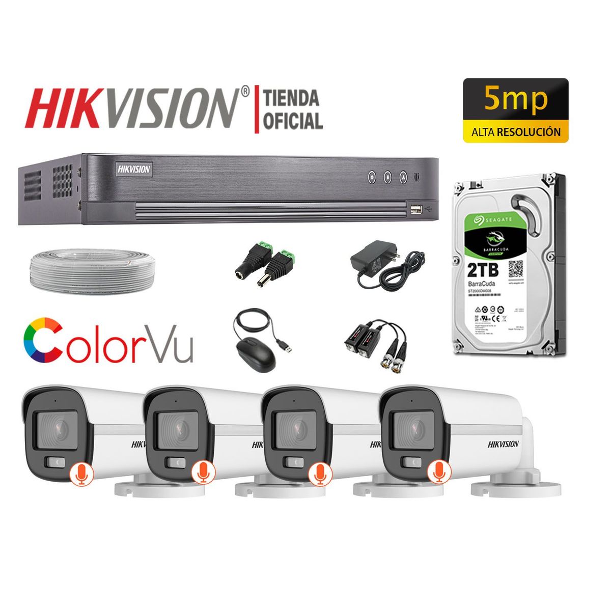 Hikvision - CÁMARAS SEGURIDAD EXTERIOR KIT 4 5MP COLORVU DISCO 2TB