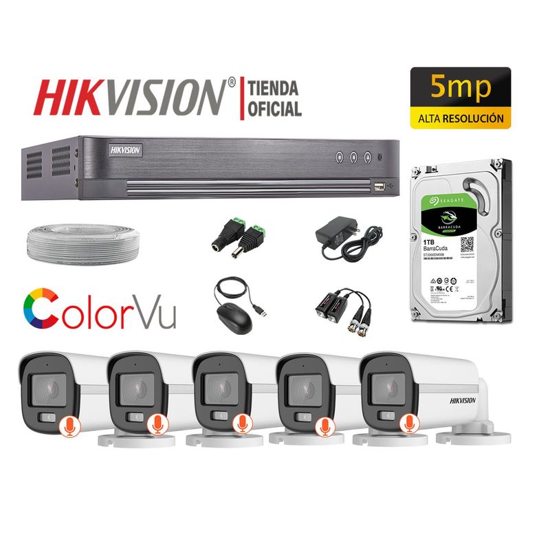 HIKVISION - CÁMARAS SEGURIDAD EXTERIOR KIT 5 5MP COLORVU DISCO 1TB