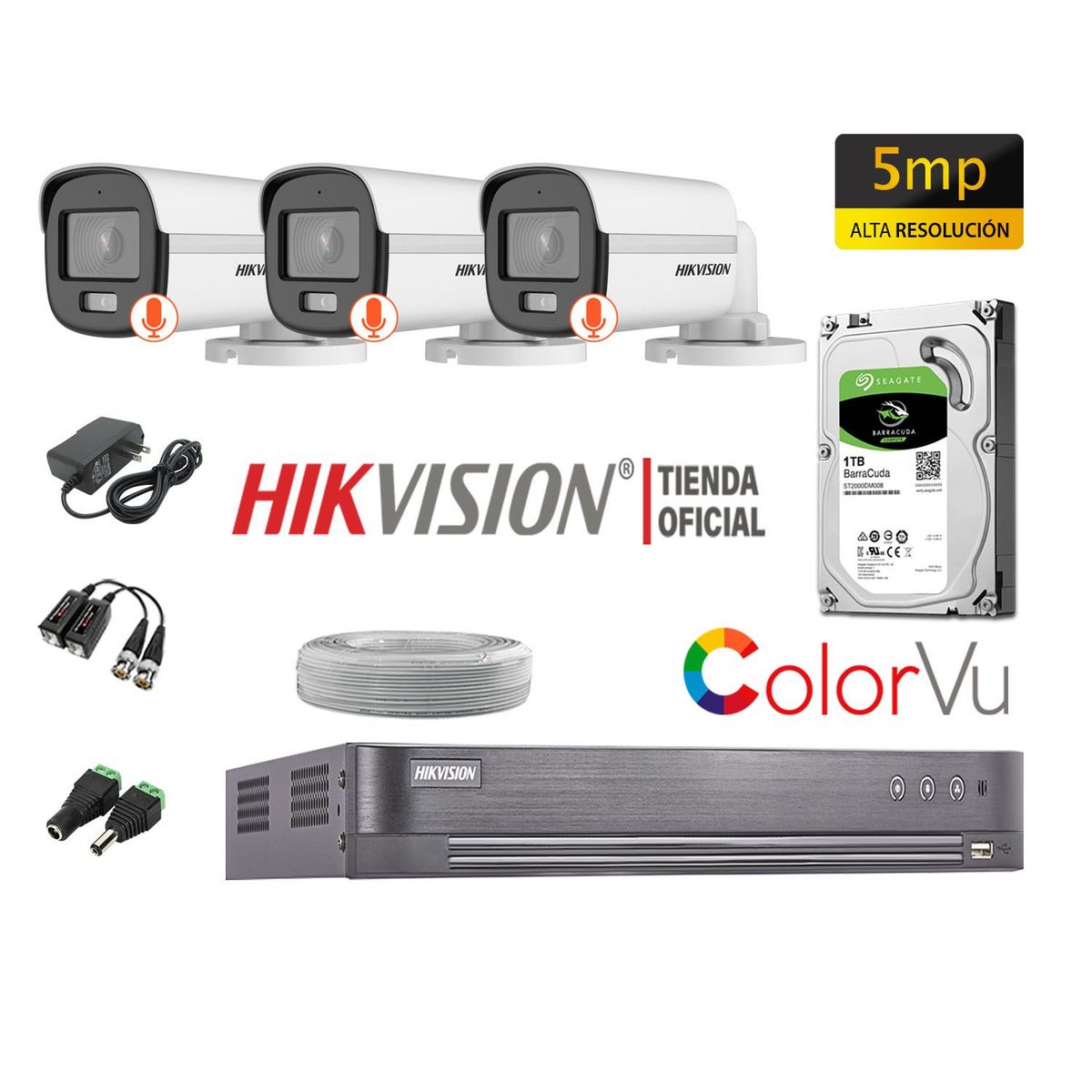 HIKVISION - CÁMARAS SEGURIDAD EXTERIOR KIT 3 5MP COLORVU DISCO 1TB