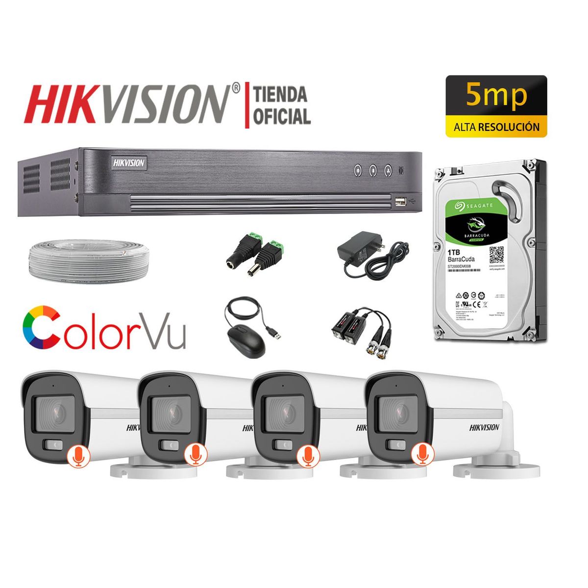 HIKVISION - CÁMARAS SEGURIDAD EXTERIOR KIT 4 5MP COLORVU DISCO 1TB