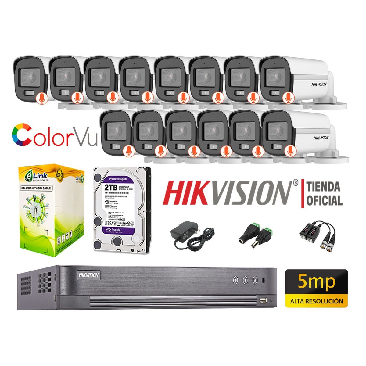 HIKVISION - CÁMARAS SEGURIDAD EXTERIOR KIT 14 5MP COLORVU DISCO 2TB