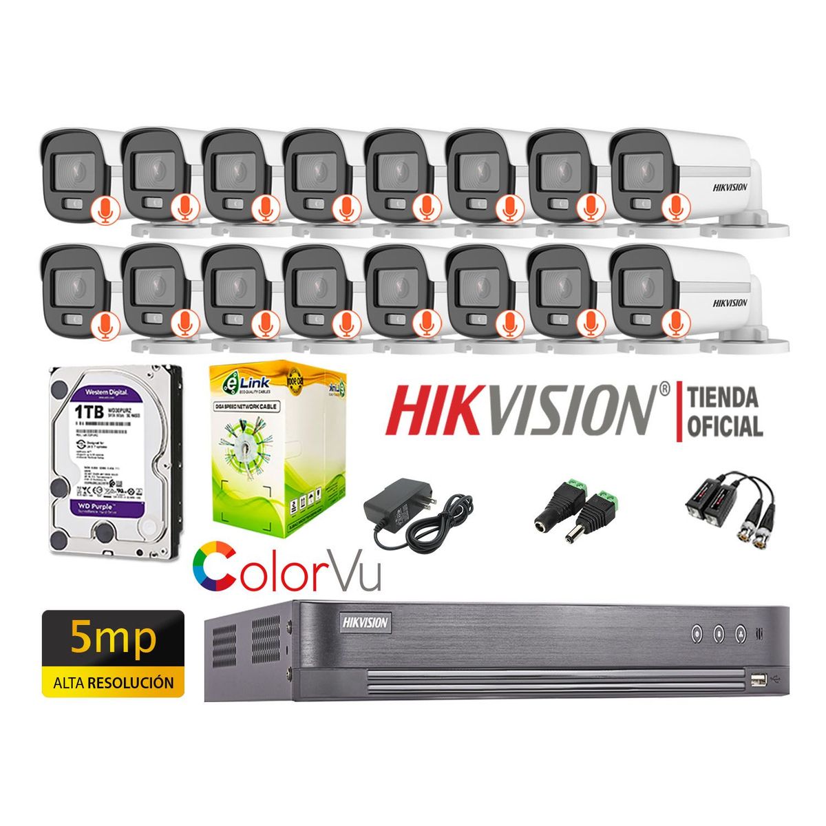 HIKVISION - CÁMARAS SEGURIDAD EXTERIOR KIT 16 5MP COLORVU DISCO 1TB