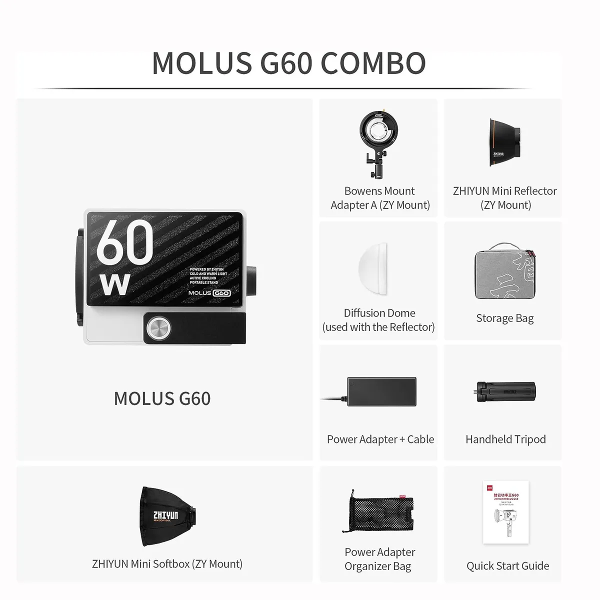 ZHIYUN - Zhiyun Molus G60 COMBO Luz de video COB de 60W Montaje Bowens