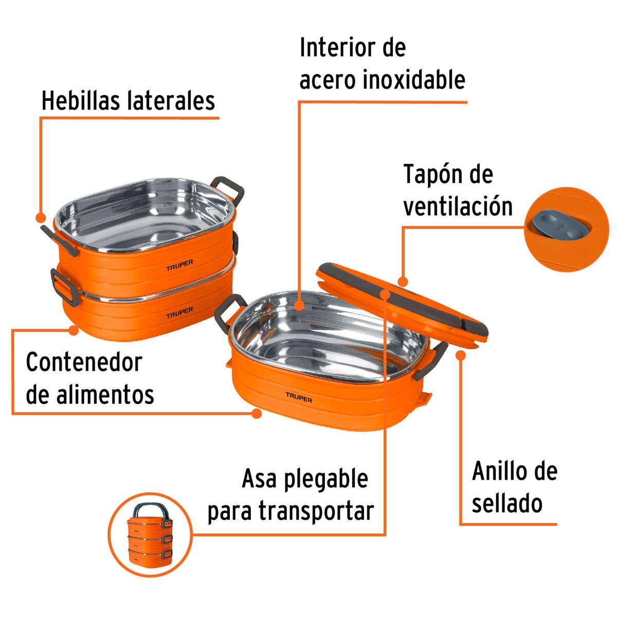 TRUPER - Lonchera térmica portamienda  de acero inoxidable, Truper