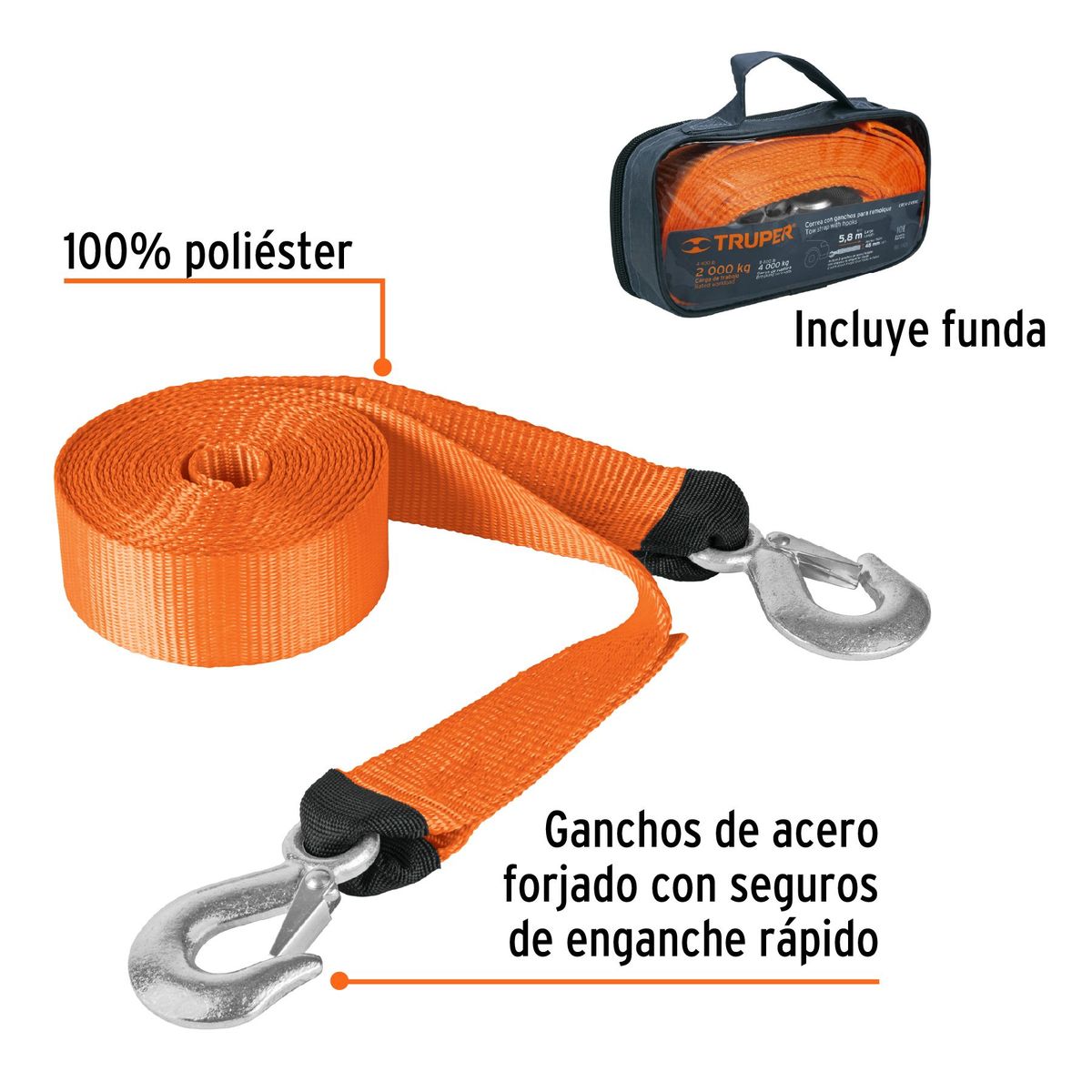 TRUPER - Correa Para Remolque Con Ganchos, 48 mm X 5.8M