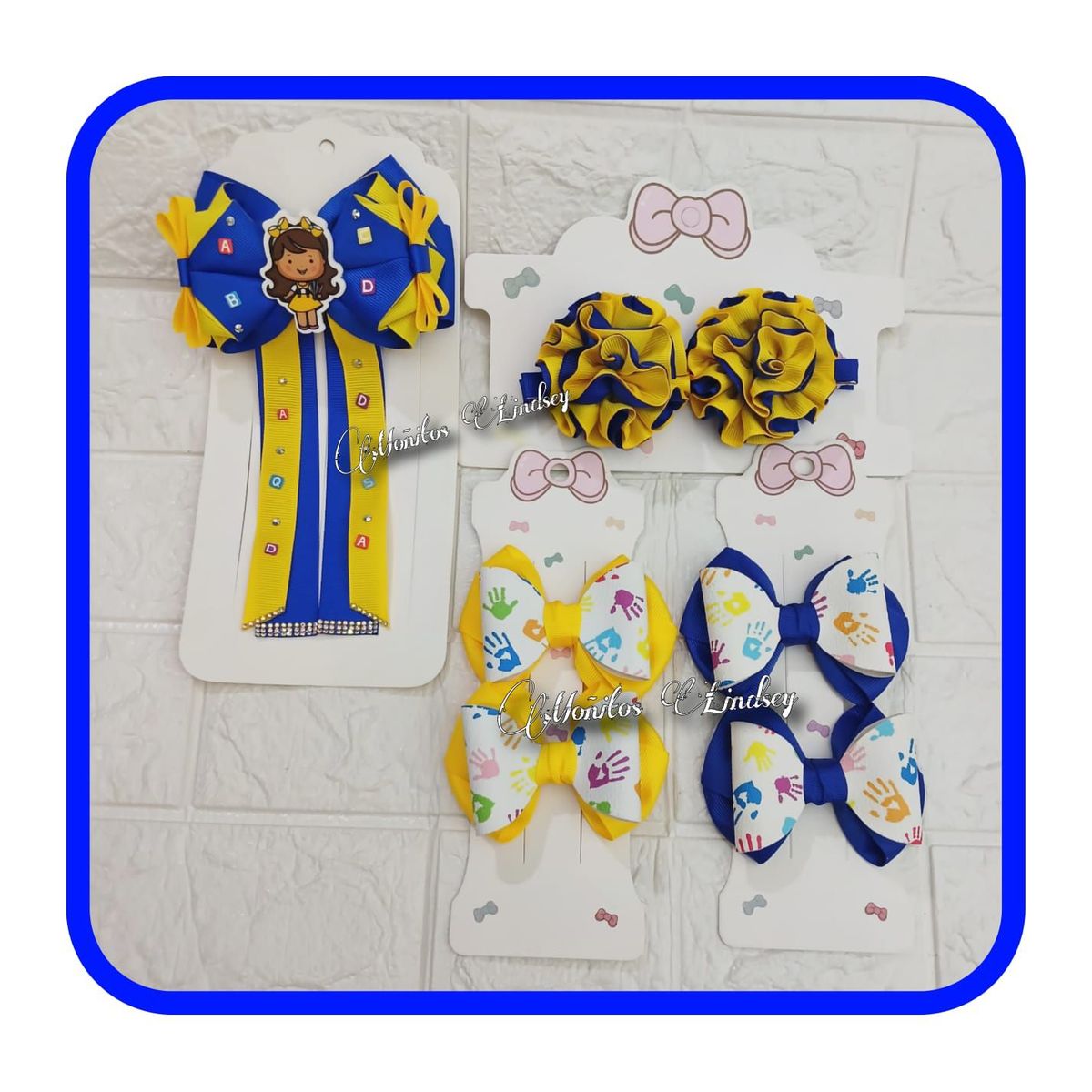 GENERICO - Set Escolar   Moños para Colegio - AZUL-AMARILLO