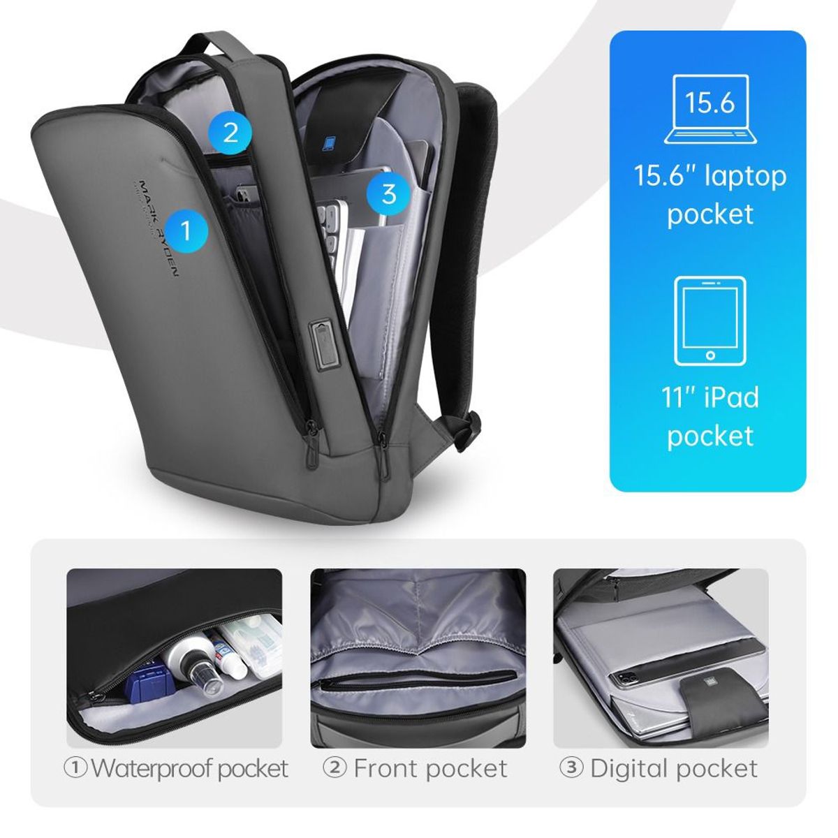 MARK RYDEN - Mochila Mark Porta Laptop Ryden Modelo Metropolitan MR9008 Gris