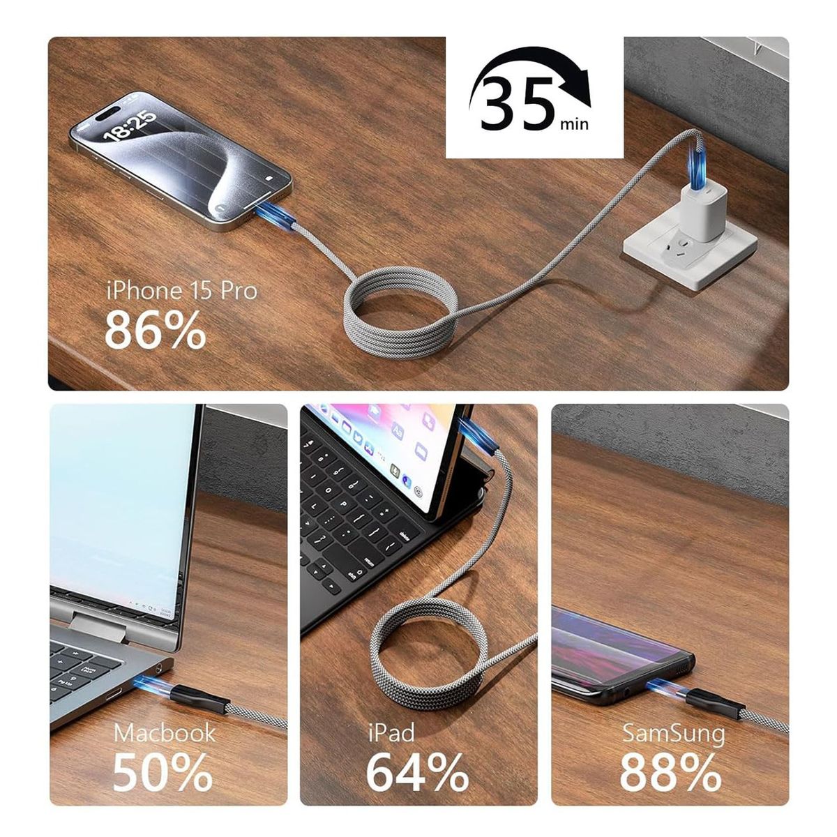 GENERICO - Cable USB-C Trenzado Imantado carga rápida 100w para iPhone Android