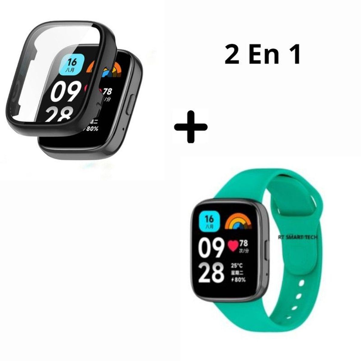 GENERICO - Bumper con Vidrio NEGRO + Correa para Redmi Watch 3 - Verde Menta