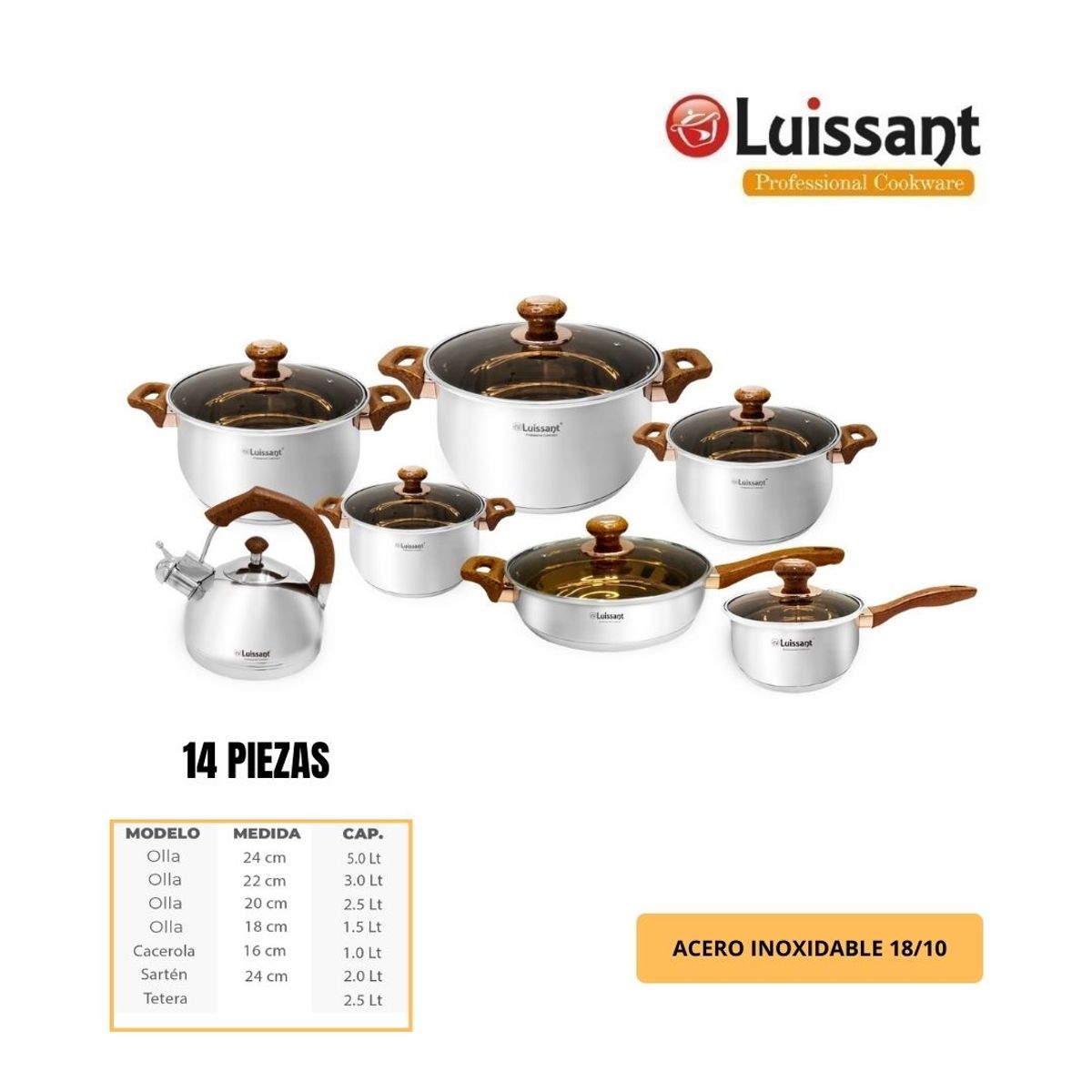 LUISSANT - JUEGO DE OLLAS ACERO INOXIDABLE 14 Pzas LUISSANT