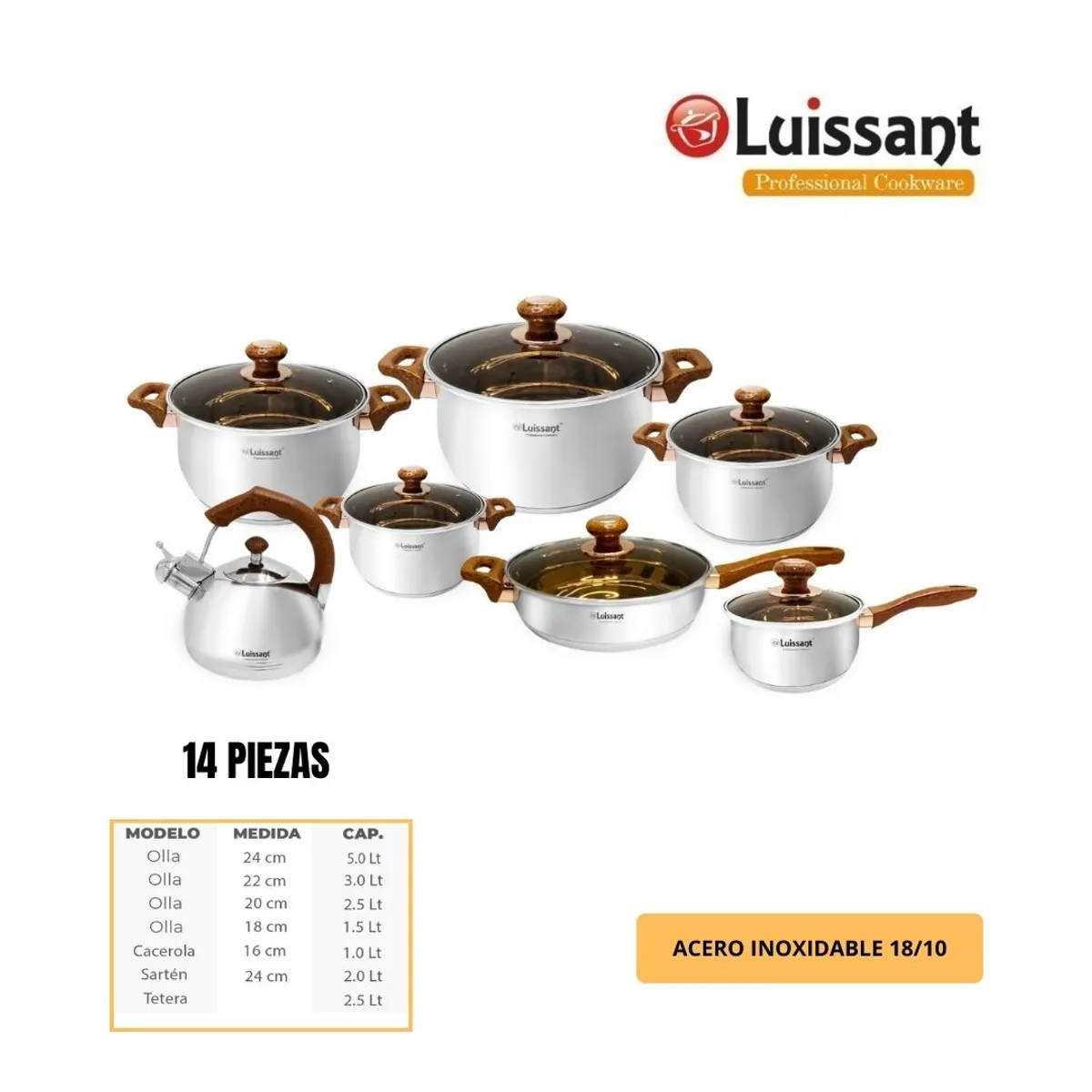 LUISSANT - JUEGO DE OLLAS ACERO INOXIDABLE 14 Pzas LUISSANT