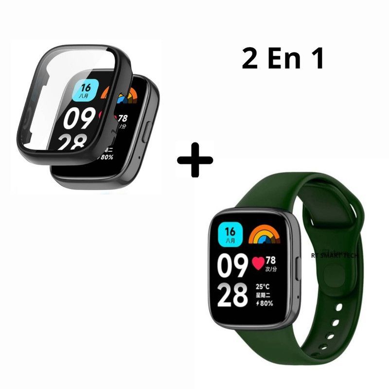 GENERICO - Bumper con Vidrio NEGRO + Correa para Redmi Watch 3 - VERDE