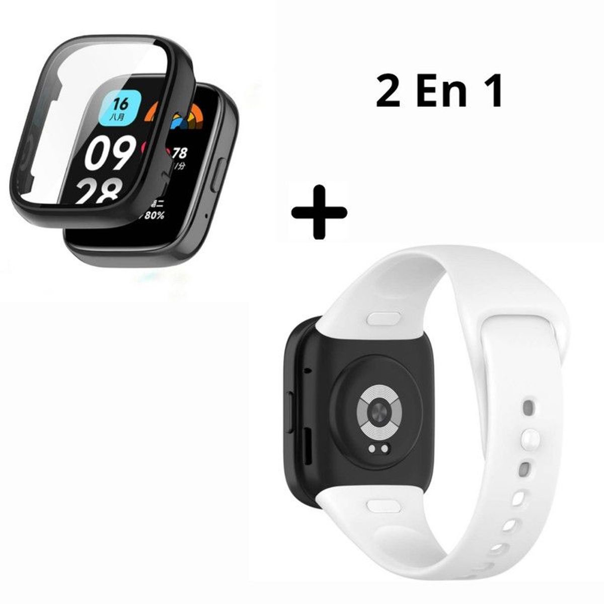 GENERICO - Bumper con Vidrio NEGRO + Correa para Redmi Watch 3 - Blanco