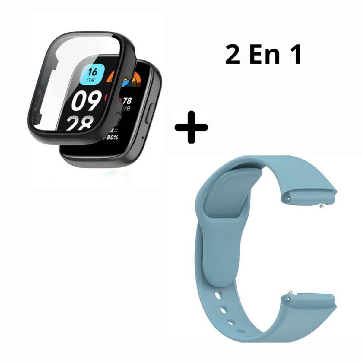GENERICO - Bumper con Vidrio NEGRO + Correa para Redmi Watch 3 Active - CELESTE