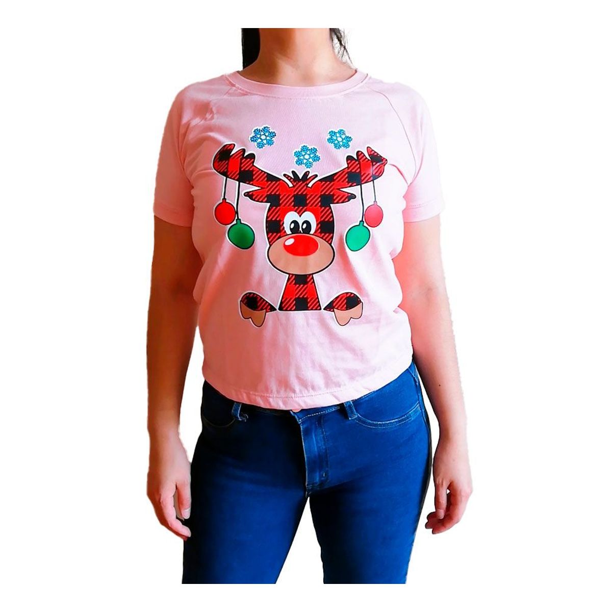 GENERICO - Polo Mujer Manga Corta Diseño Reno Luces - Nathalie Love It - Melón