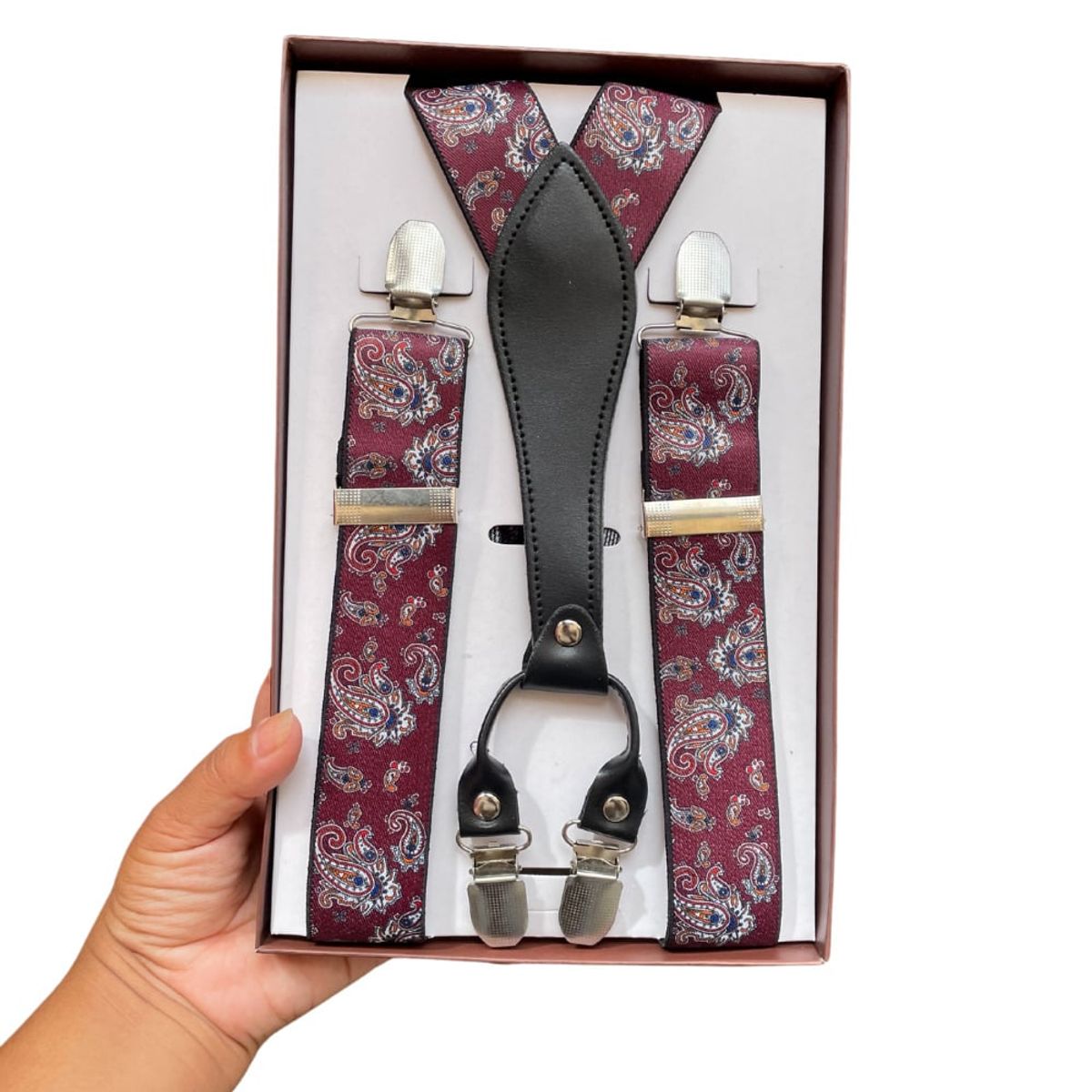 KAST PE - Tirantes Ajustables Elásticos para pantalon hombre Paisley Guinda