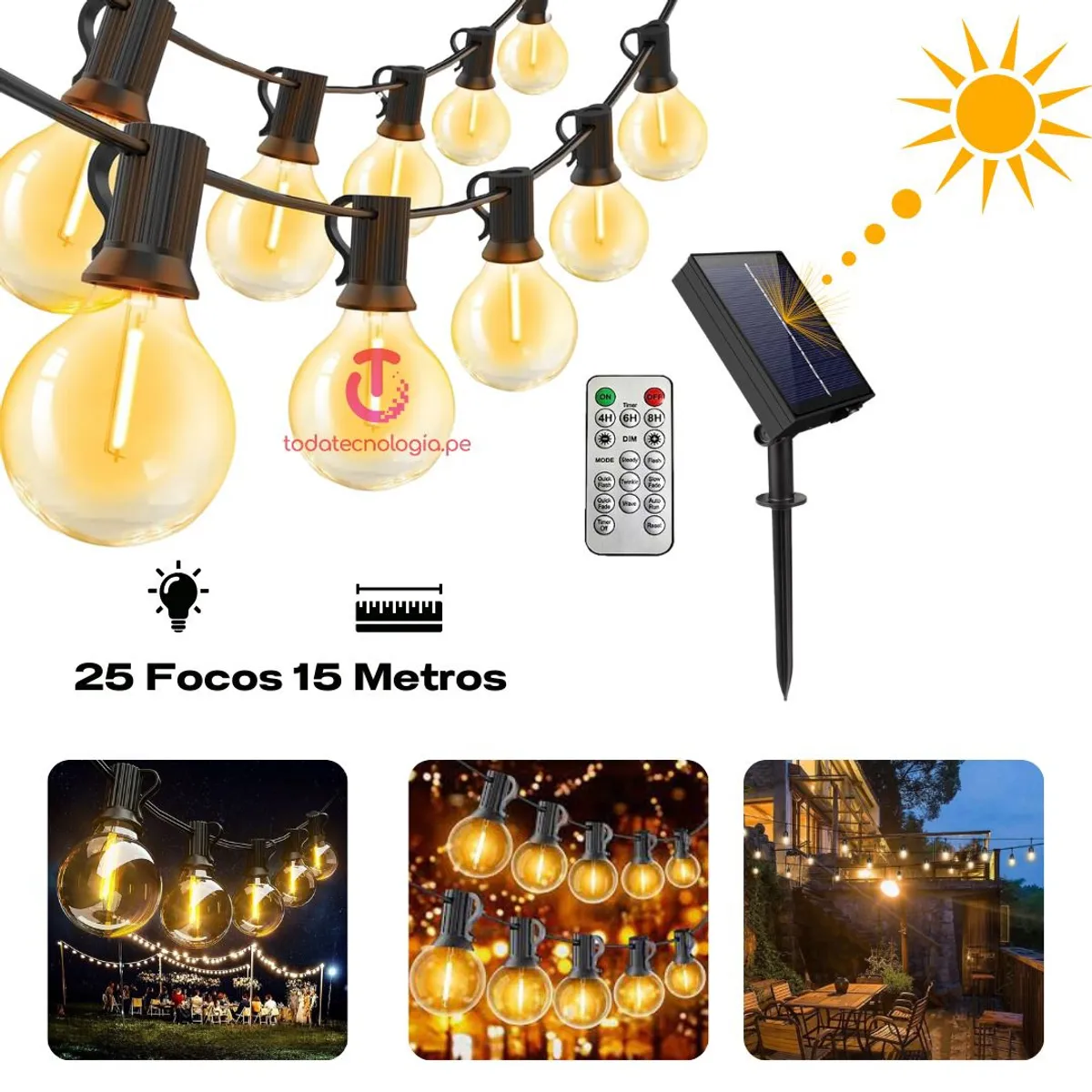 GENERICO - Luces Guirnaldas Led 25 Focos 15Metros Para Jardín Exterior SOLAR