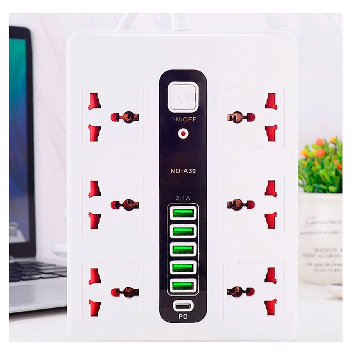 GENERICO - Extension Electrica 6 Puertos Toma Corriente 5 Entradas USB 1 Tipo C