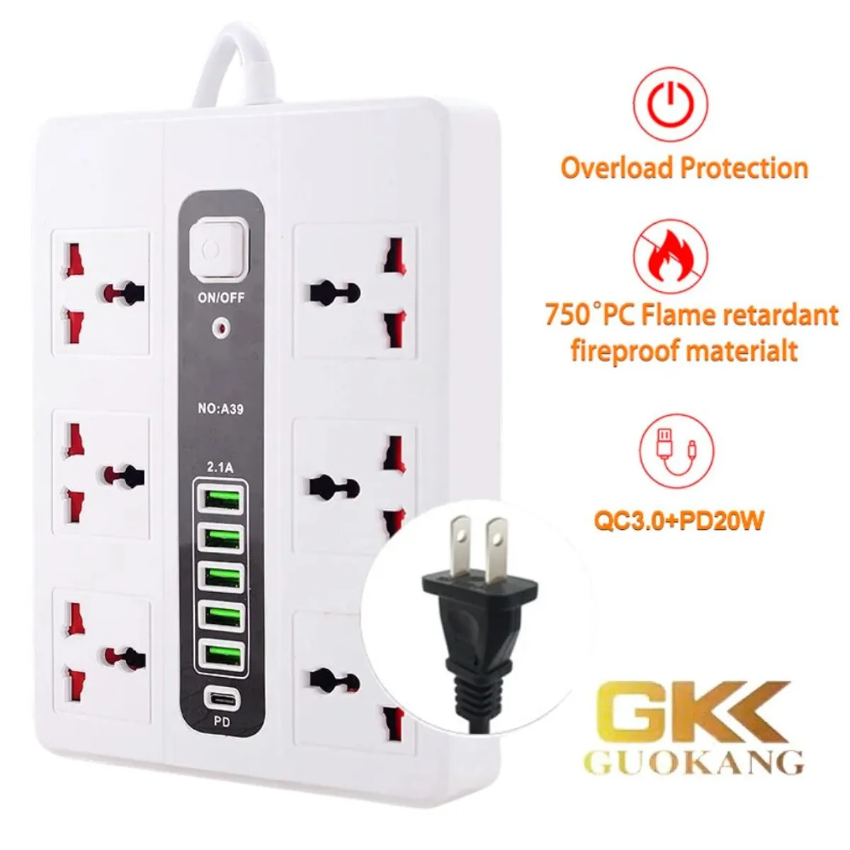 GENERICO - Extension Electrica Alargador 6 Puertos Toma Corriente 5 Entradas USB