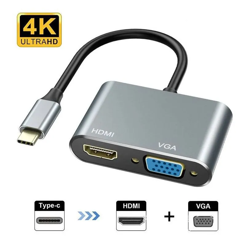 GENERICO - Adaptador 2 en 1 Tipo C a VGA y HDMI - Aluminio Smart TV Pc Switch