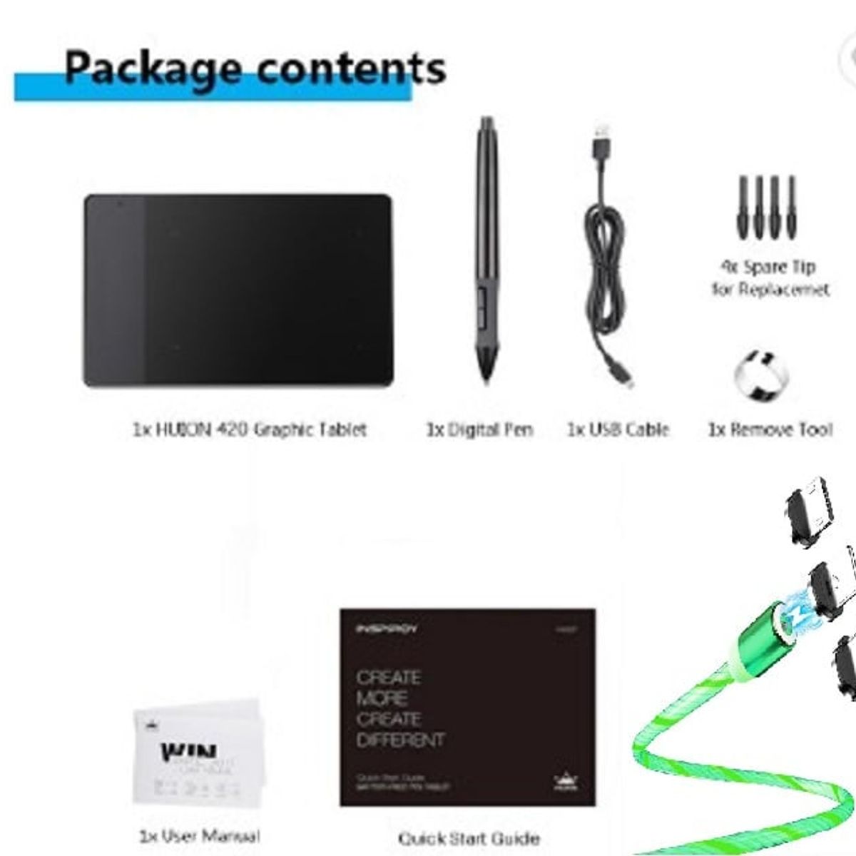 HUION - Tableta Gráfica Digital Huion 420 + CABLE LED VERDE