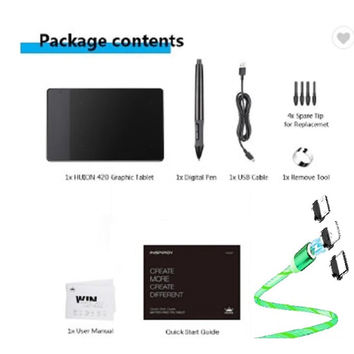HUION - Tableta Gráfica Digital Huion 420 + CABLE LED VERDE
