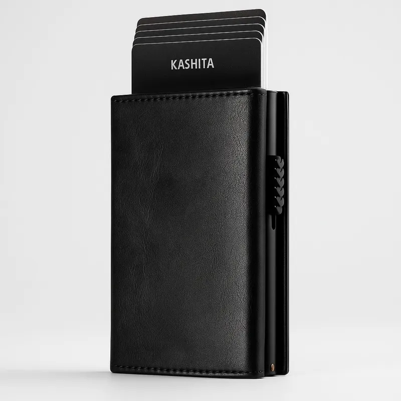 KASHITA - Billetera Hombre Cuero Color Negro Tarjetero Imantado Automático RFID