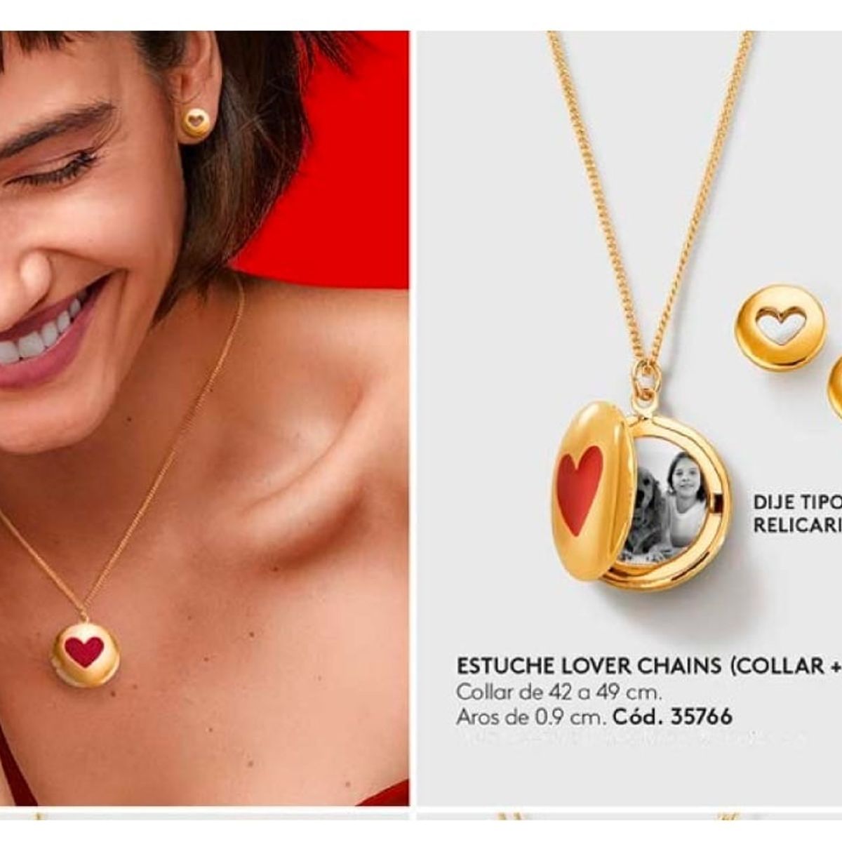 ESIKA - Set Relicario Guardapelo - Juego Collar y Aretes Dorados LOVER CHAINS