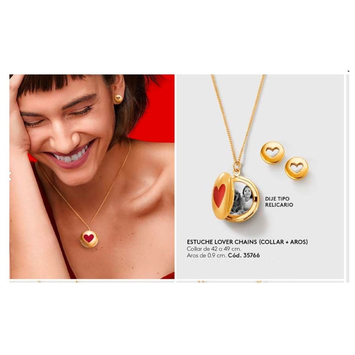 ESIKA - Set Relicario Guardapelo - Juego Collar y Aretes Dorados LOVER CHAINS