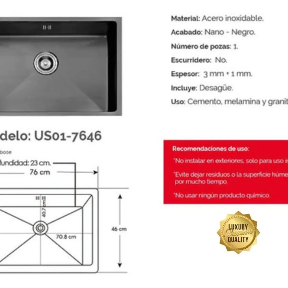XM - Lavadero de Lujo para Cocina Nano Negro 46cm x 46cm Acero Inox