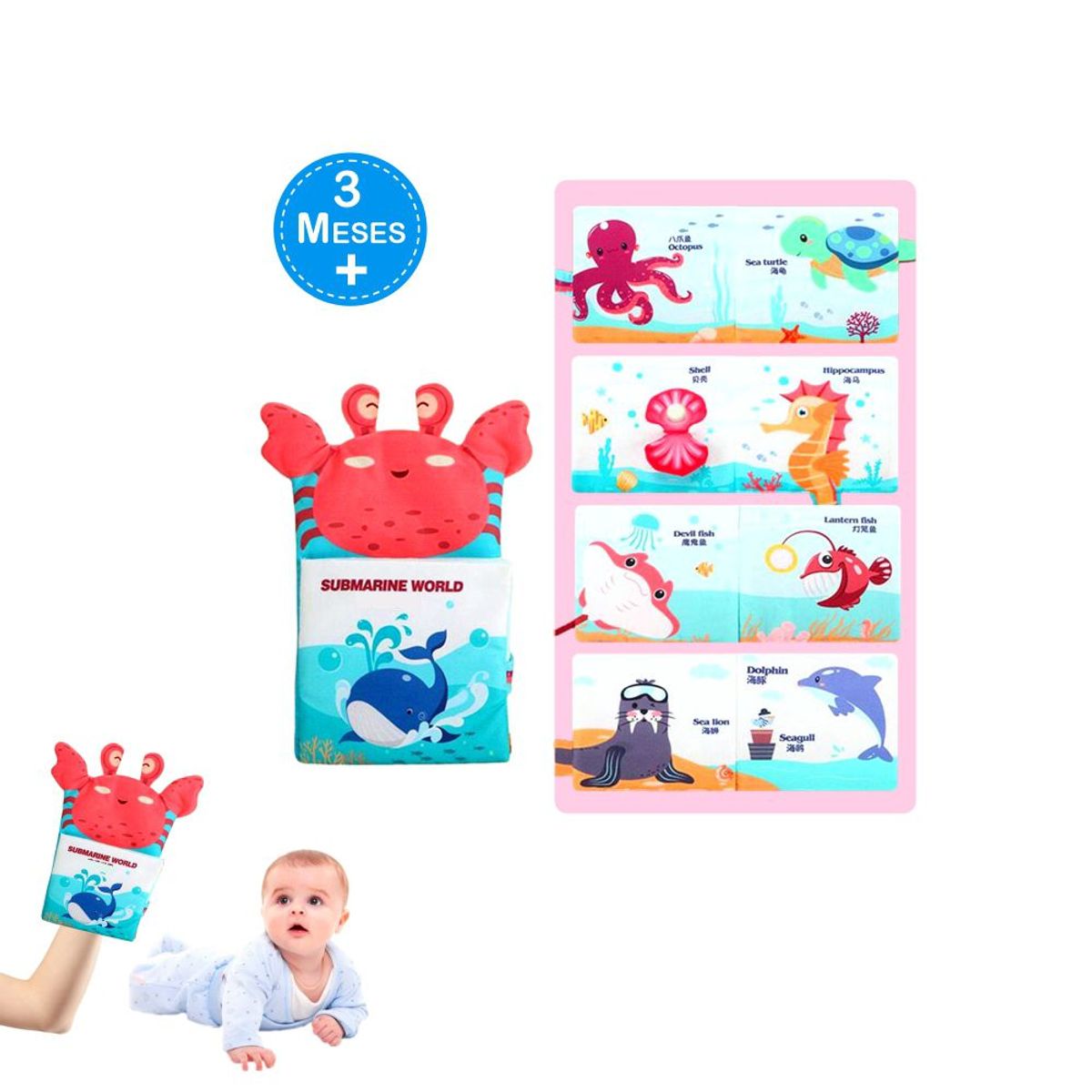 GENERICO - Títere y Libro Sensorial con Colitas 3D de Animales Marinos