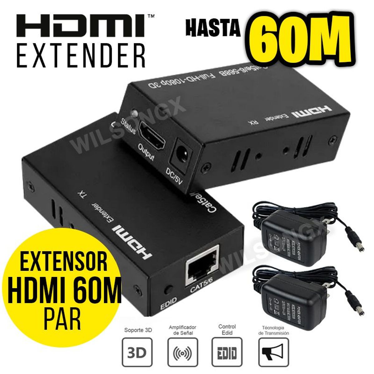 GENERICO - Extensión Extender HDMI a RJ45 60m UTP CAT 5/6 hasta 60 metros 1080p