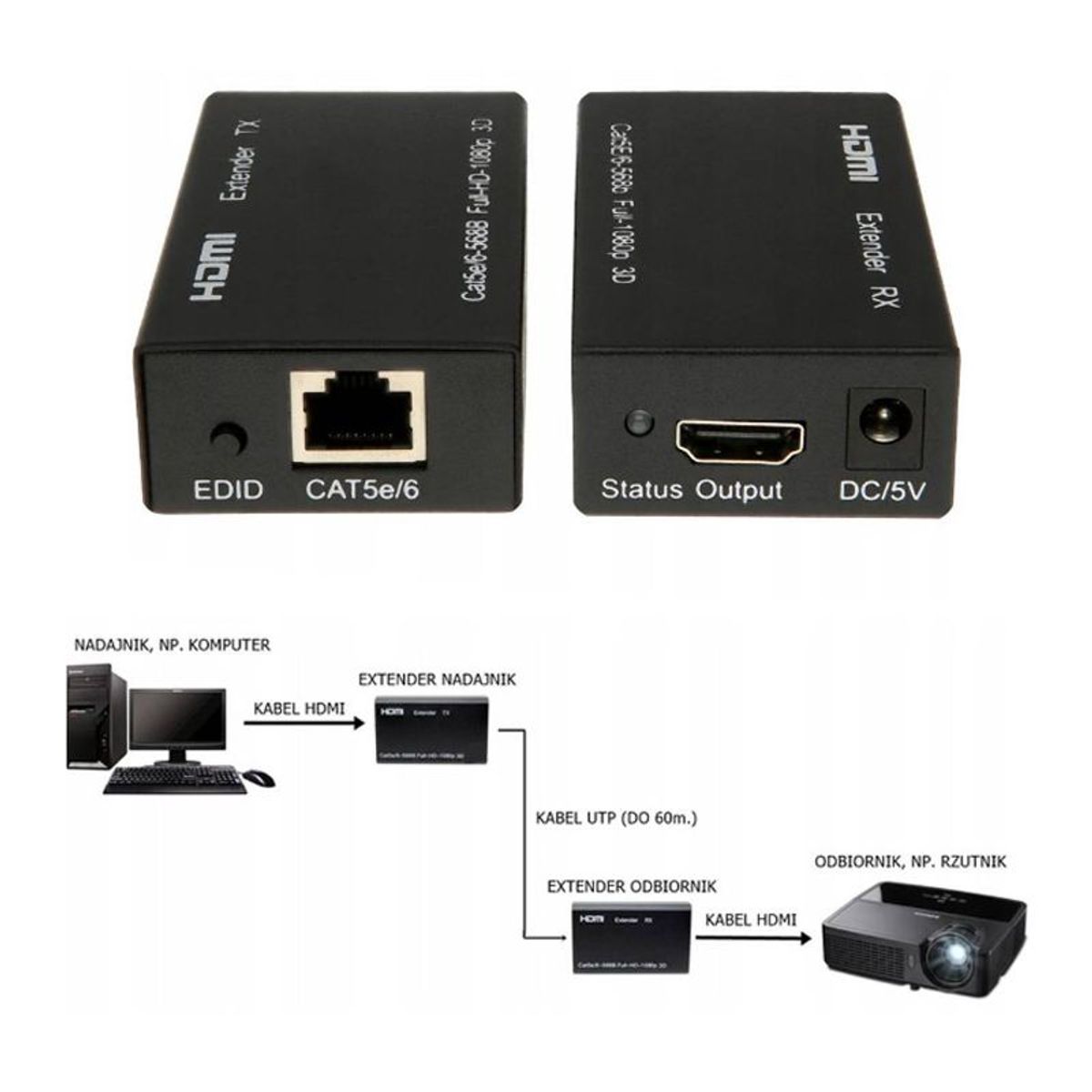 GENERICO - Extensión Extender HDMI a RJ45 60m UTP CAT 5/6 hasta 60 metros 1080p